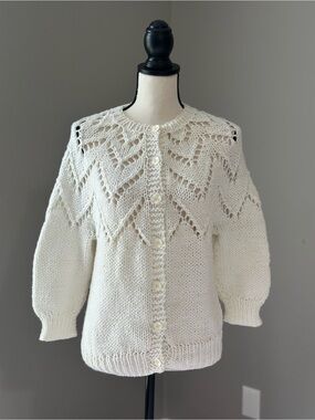 Heritage Vintage One Size Hand-Knit Cream Button-Up Fisherman Chunky Cardigan